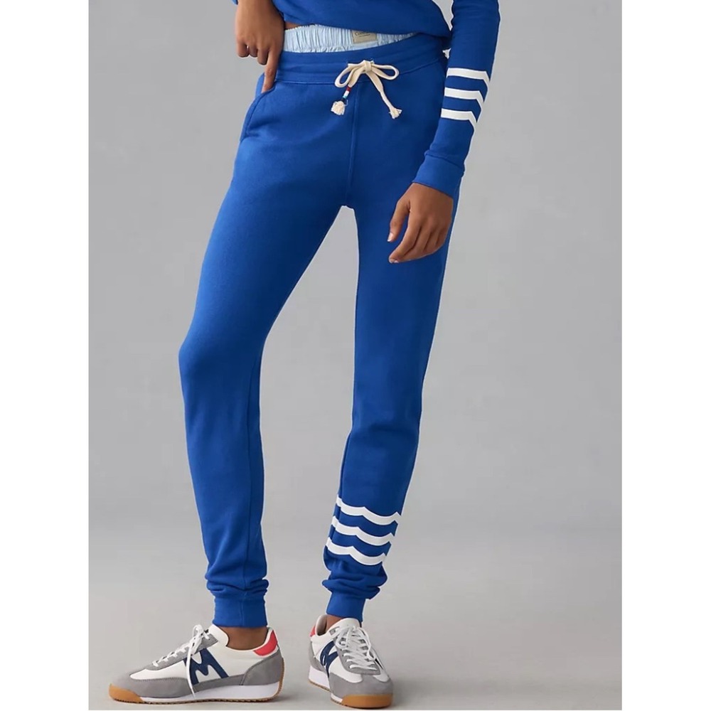 New Anthropologie SOL ANGELES Small Royal Blue Waves Track Pants Joggers Cozy
